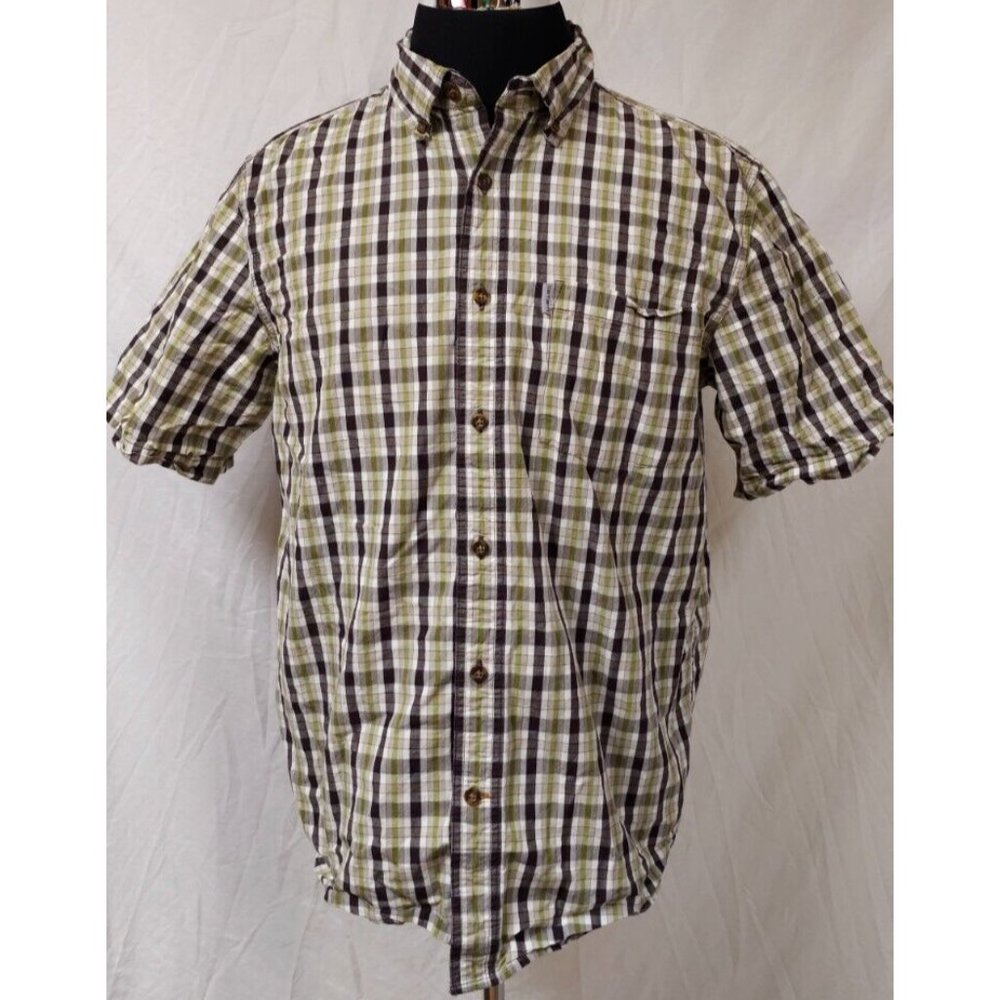Carhartt Relaxed Fit Mens Large Green Brown Plaid Short Sleeve Button Work Shirt